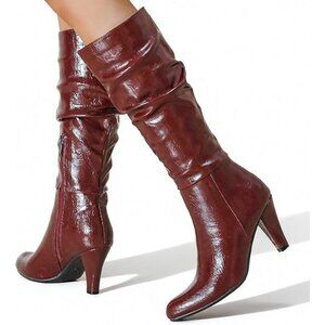 Knee High Boots Heel Pointed Toe Side Zipper Wine Size 9 NEW